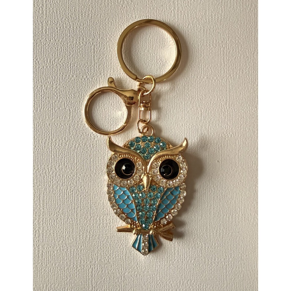Mint Owl Rhinestone Keychain Gold Bling Crystal Purse Charm Keyring Blue